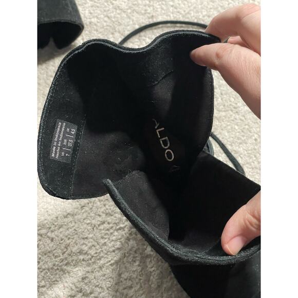 Aldo Contessina Ankle Boots Tie Womens Sz 7 Leather Black Almond Toe Stack Heel - Picture 9 of 11